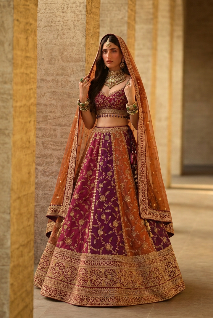 Silk Lehenga with Aari, Sequins, Thread, Zardozi, Zari work.