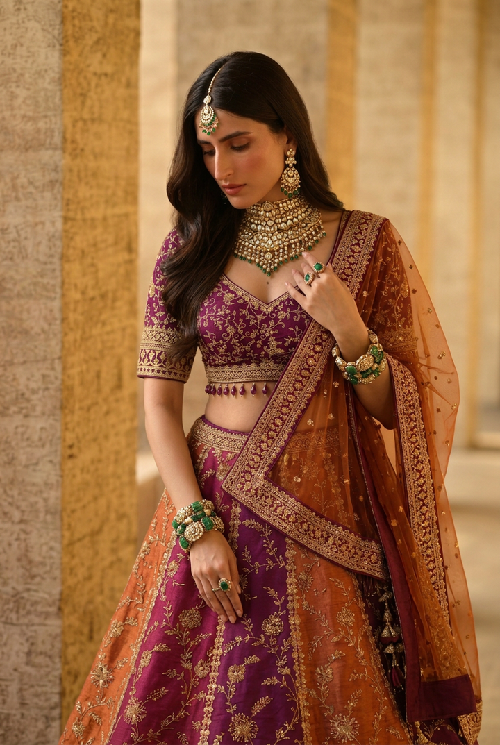 Silk Lehenga with Aari, Sequins, Thread, Zardozi, Zari work.