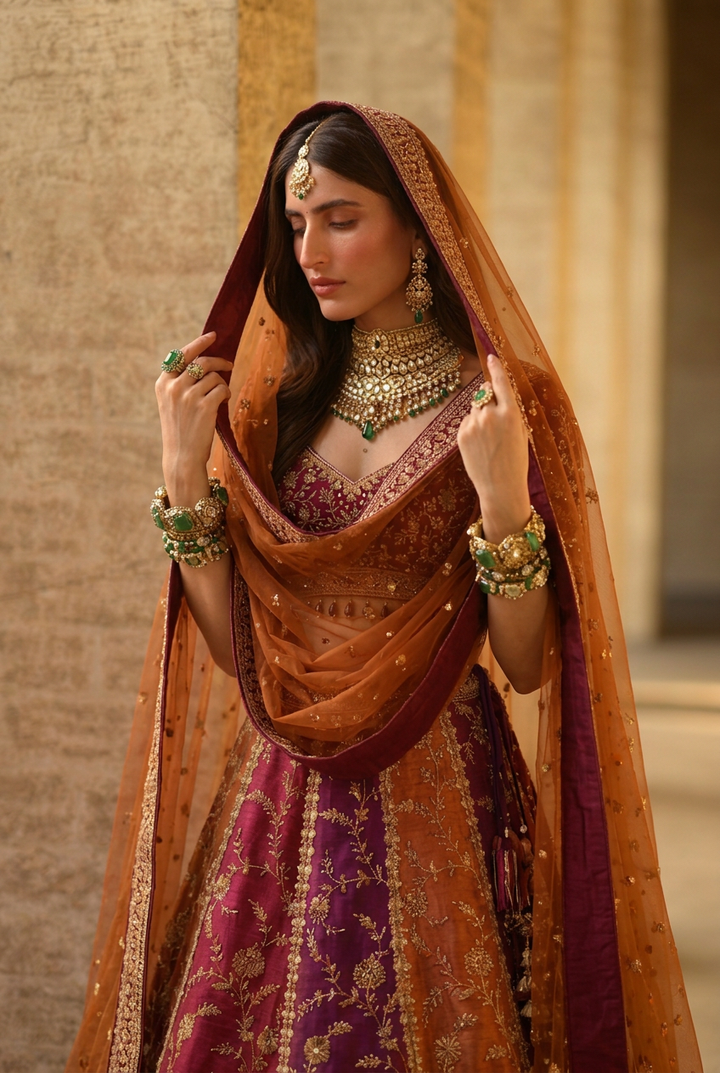 Silk Lehenga with Aari, Sequins, Thread, Zardozi, Zari work.