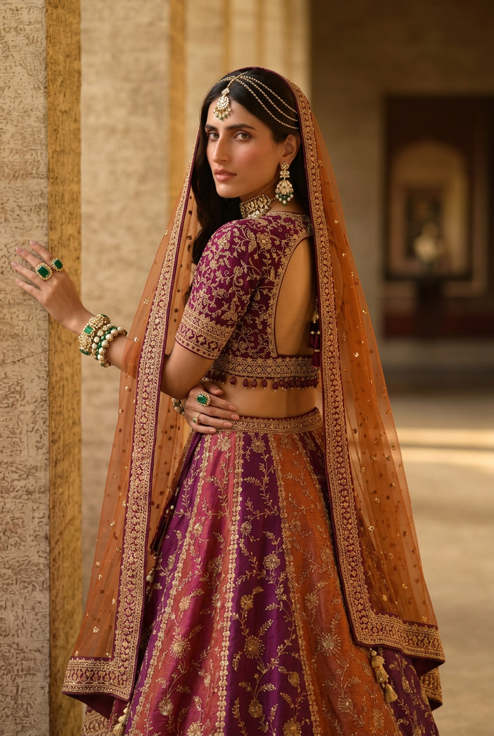 Silk Lehenga with Aari, Sequins, Thread, Zardozi, Zari work.