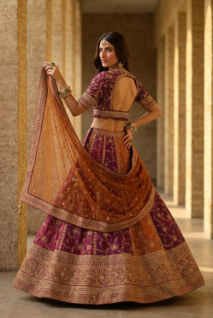 Silk Lehenga with Aari, Sequins, Thread, Zardozi, Zari work.