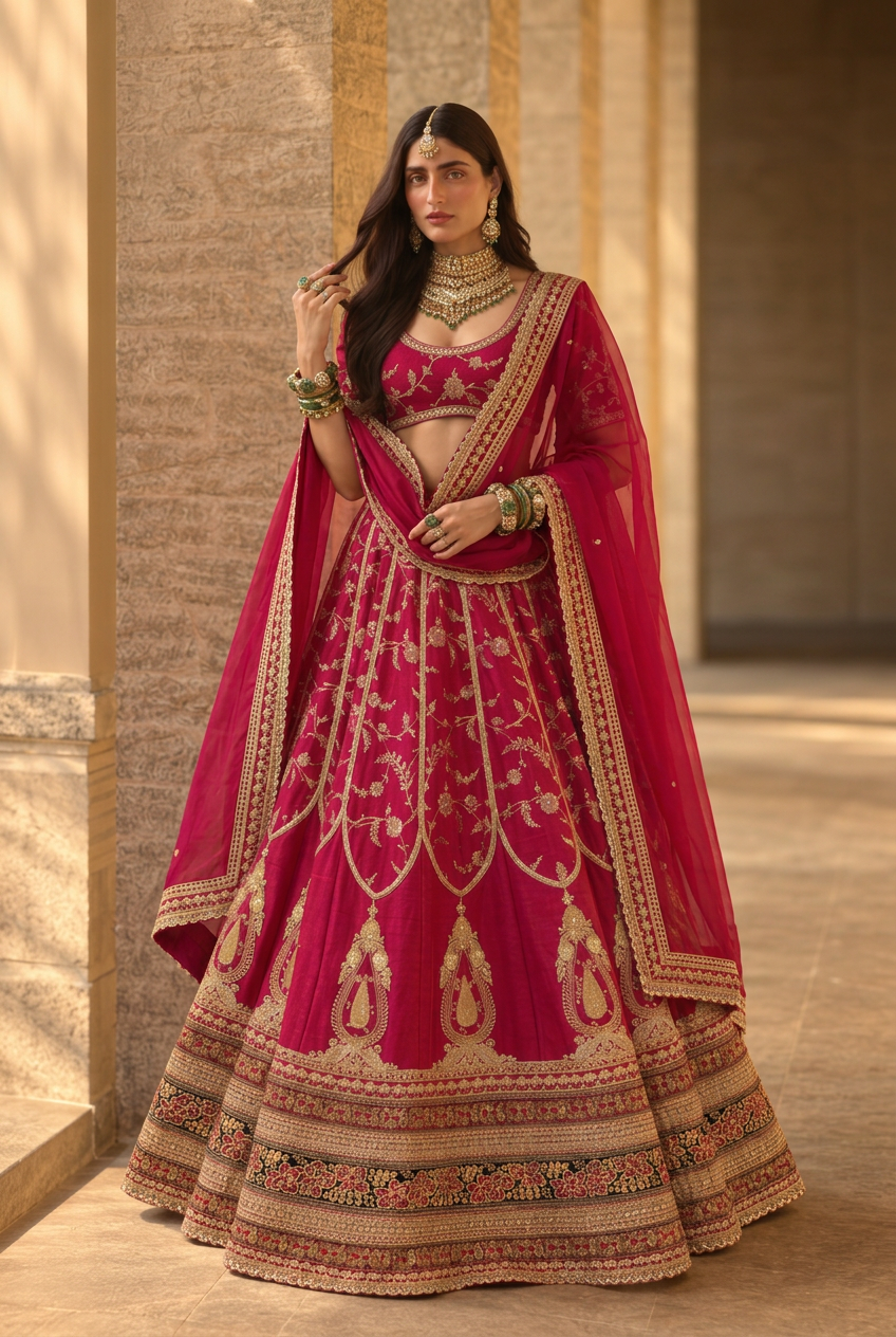 Banarasi Silk Lehenga with Aari, Dori, Sequins, Thread, Zardozi, Zari work.