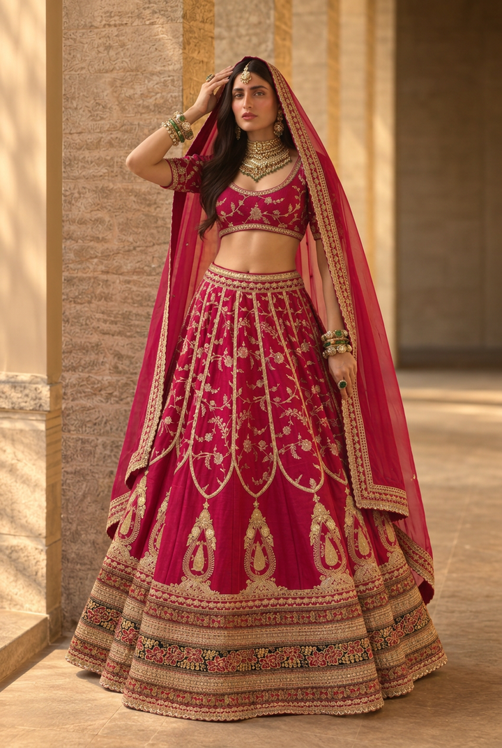 Banarasi Silk Lehenga with Aari, Dori, Sequins, Thread, Zardozi, Zari work.