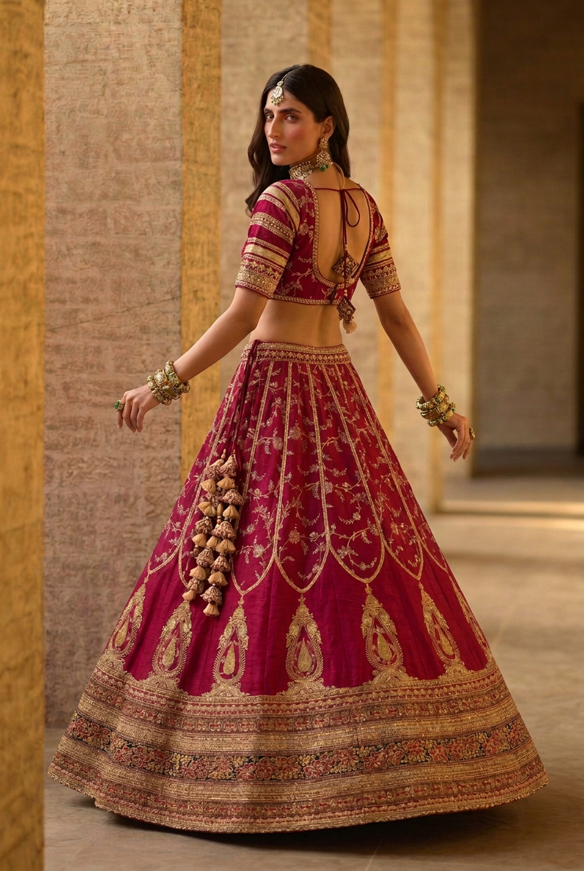 Banarasi Silk Lehenga with Aari, Dori, Sequins, Thread, Zardozi, Zari work.