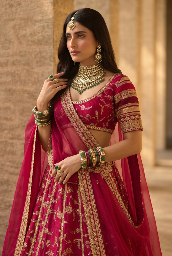 Banarasi Silk Lehenga with Aari, Dori, Sequins, Thread, Zardozi, Zari work.