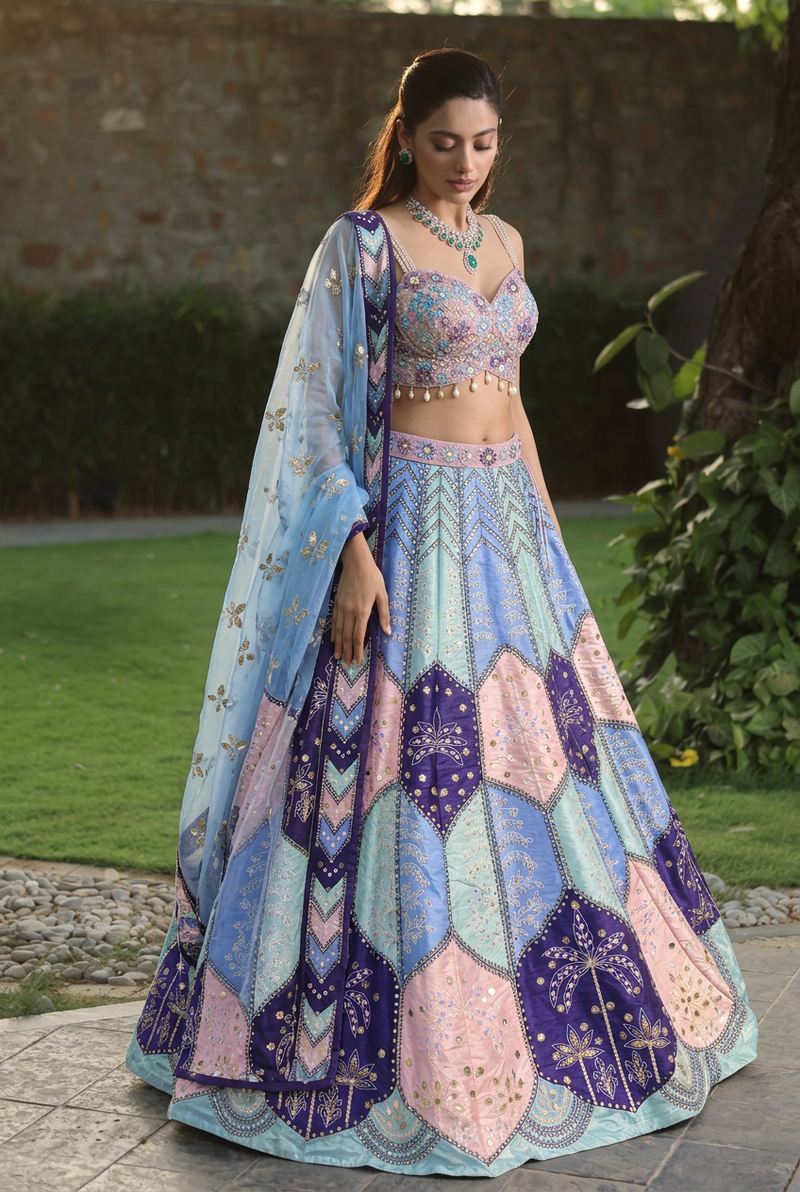 Silk Lehenga with Mirror, Pearl, Sequins work.
