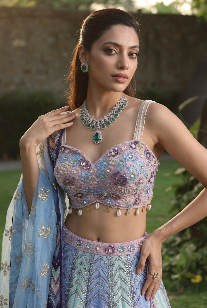 Silk Lehenga with Mirror, Pearl, Sequins work.