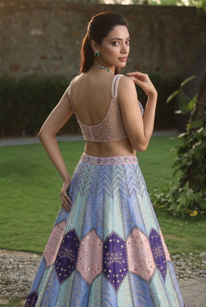 Silk Lehenga with Mirror, Pearl, Sequins work.