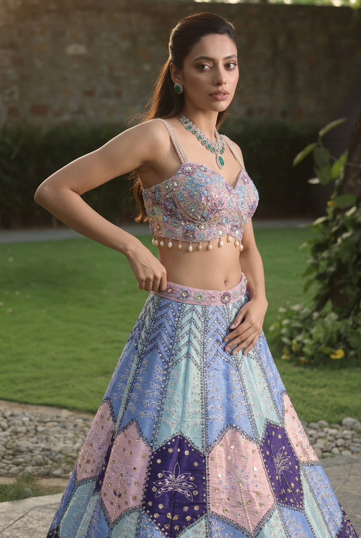 Silk Lehenga with Mirror, Pearl, Sequins work.