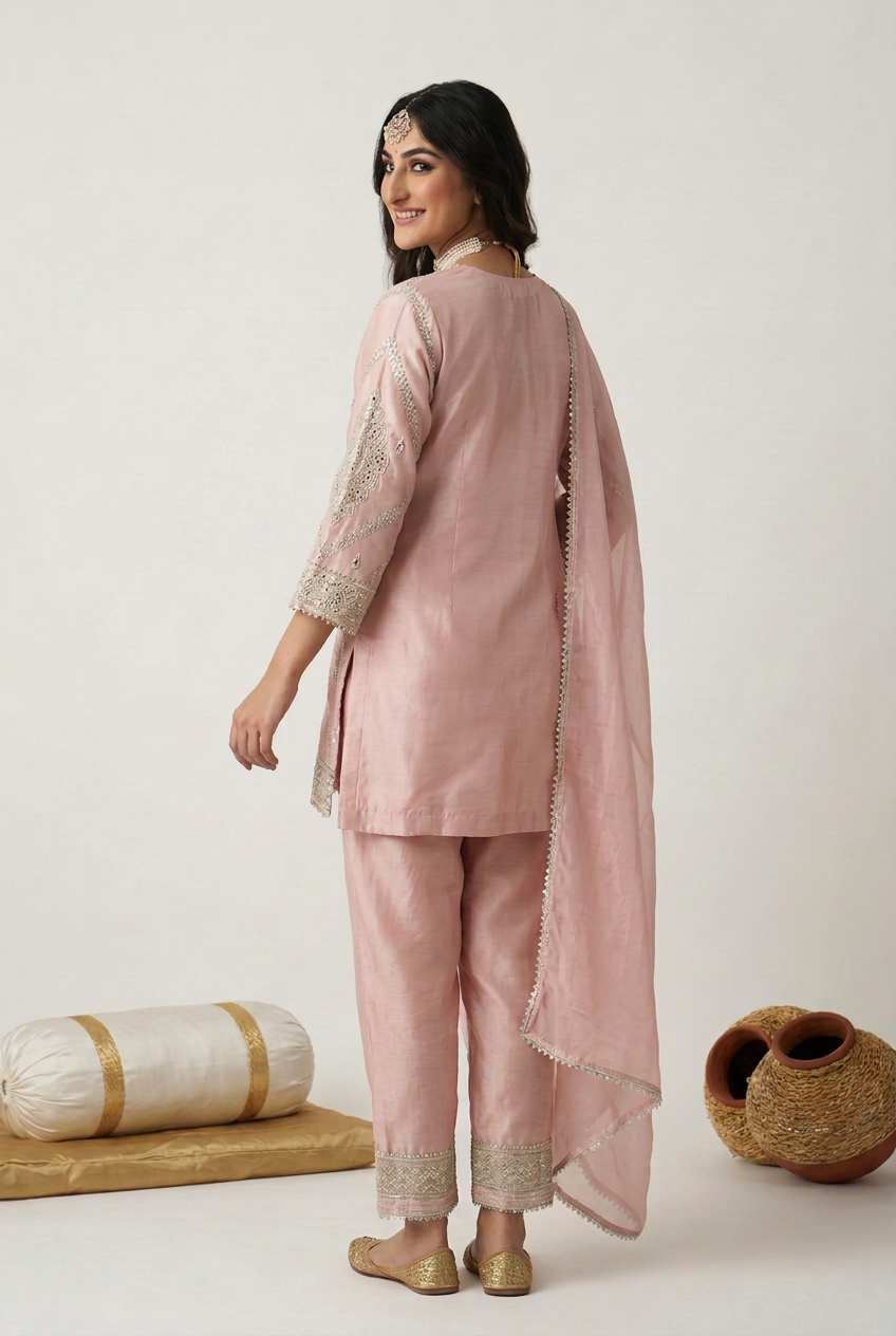 Crepe silk Suit with Sequins, Zari work.