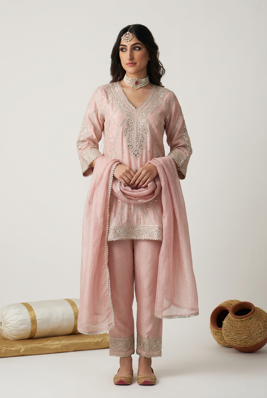 Crepe silk Suit with Sequins, Zari work.