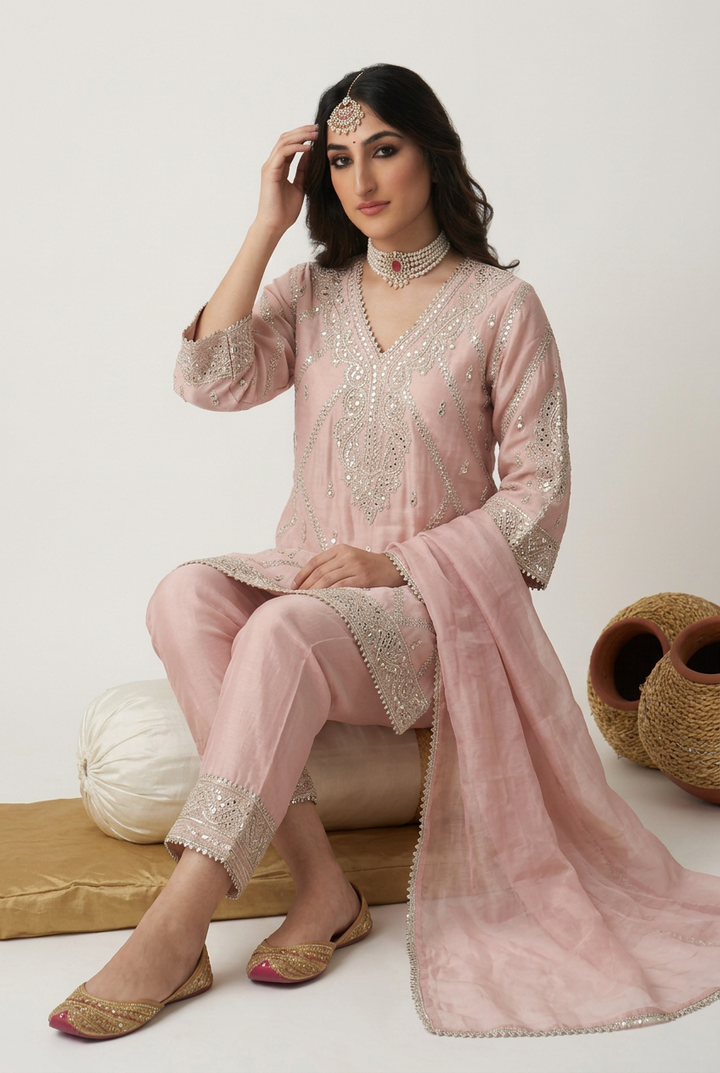 Crepe silk Suit with Sequins, Zari work.