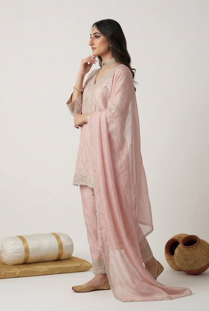 Crepe silk Suit with Sequins, Zari work.