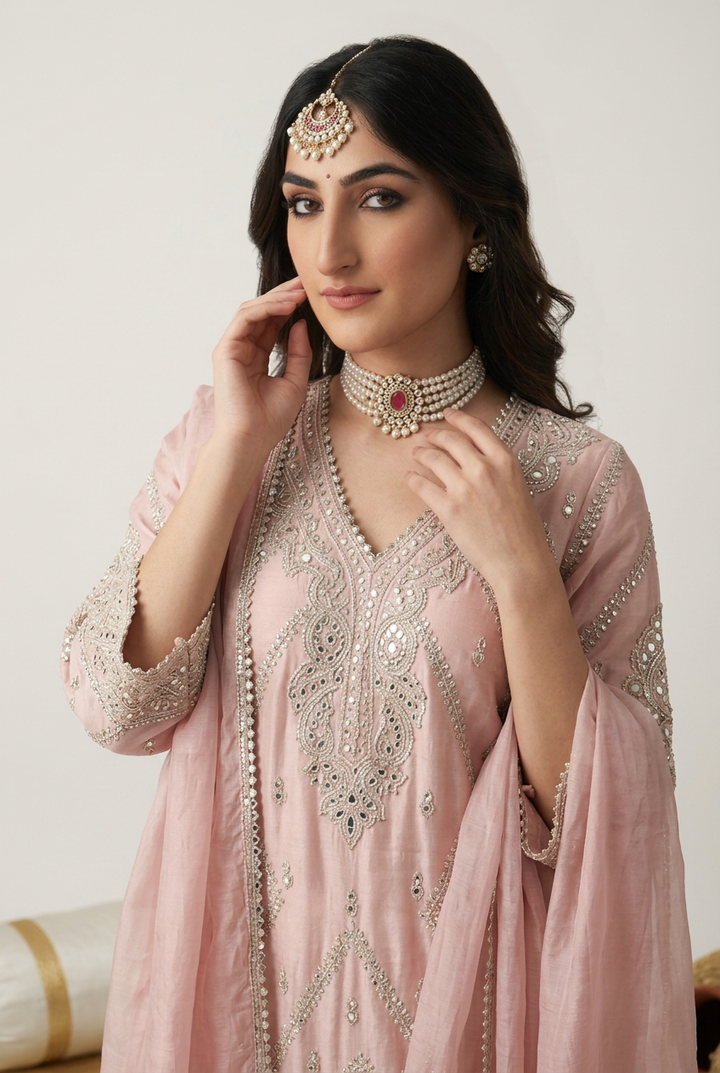 Crepe silk Suit with Sequins, Zari work.