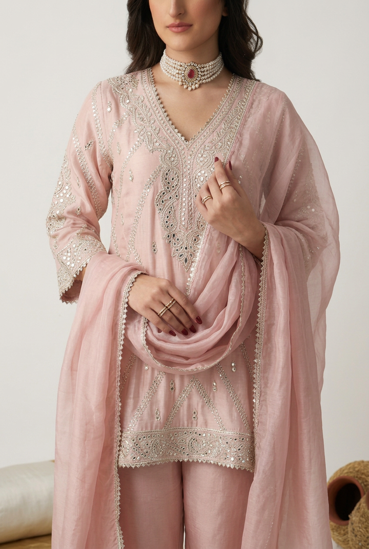 Crepe silk Suit with Sequins, Zari work.