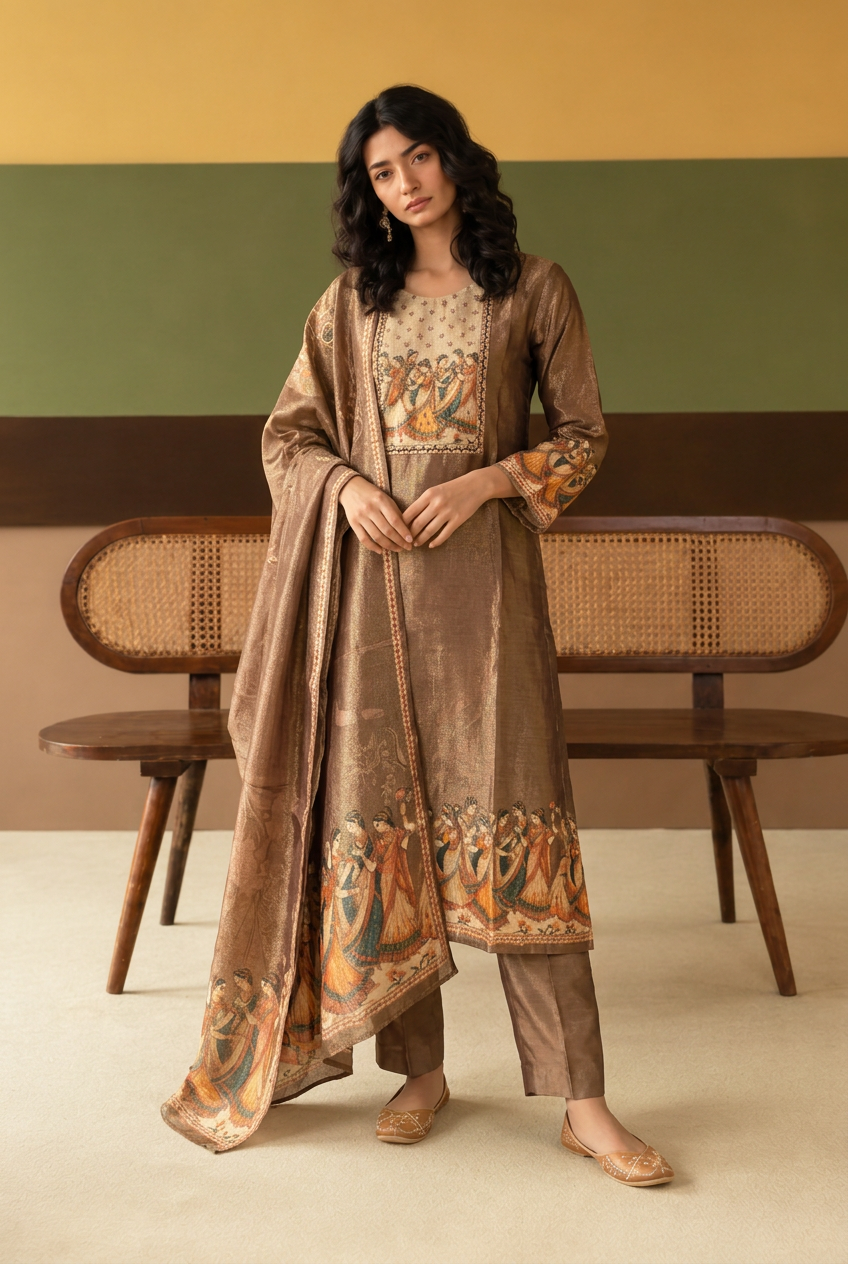 Digital Print Shimmer Tissue Kurta with  Sequins, Thread work.
