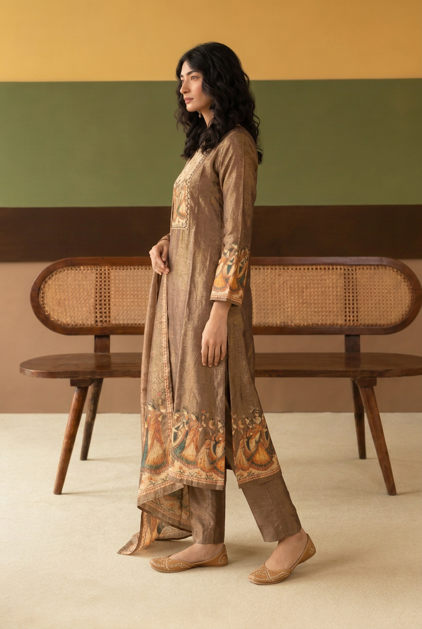 Digital Print Shimmer Tissue Kurta with  Sequins, Thread work.