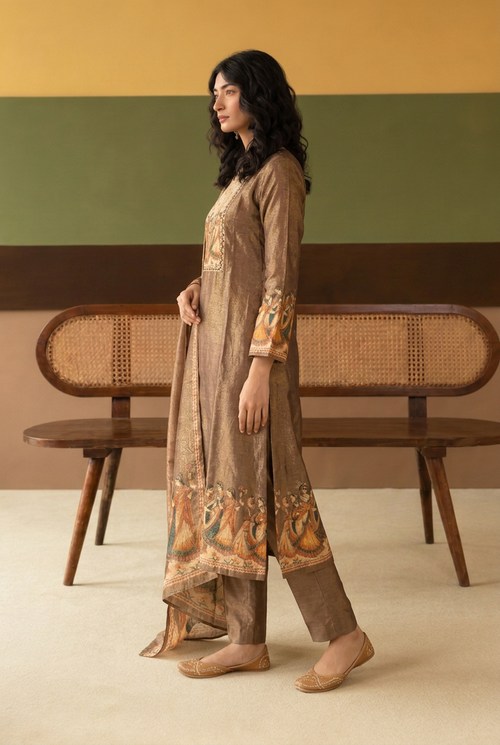 Digital Print Shimmer Tissue Kurta with  Sequins, Thread work.