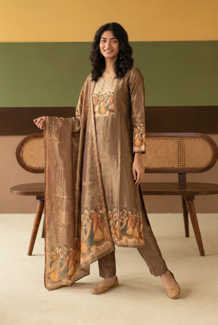 Digital Print Shimmer Tissue Kurta with  Sequins, Thread work.