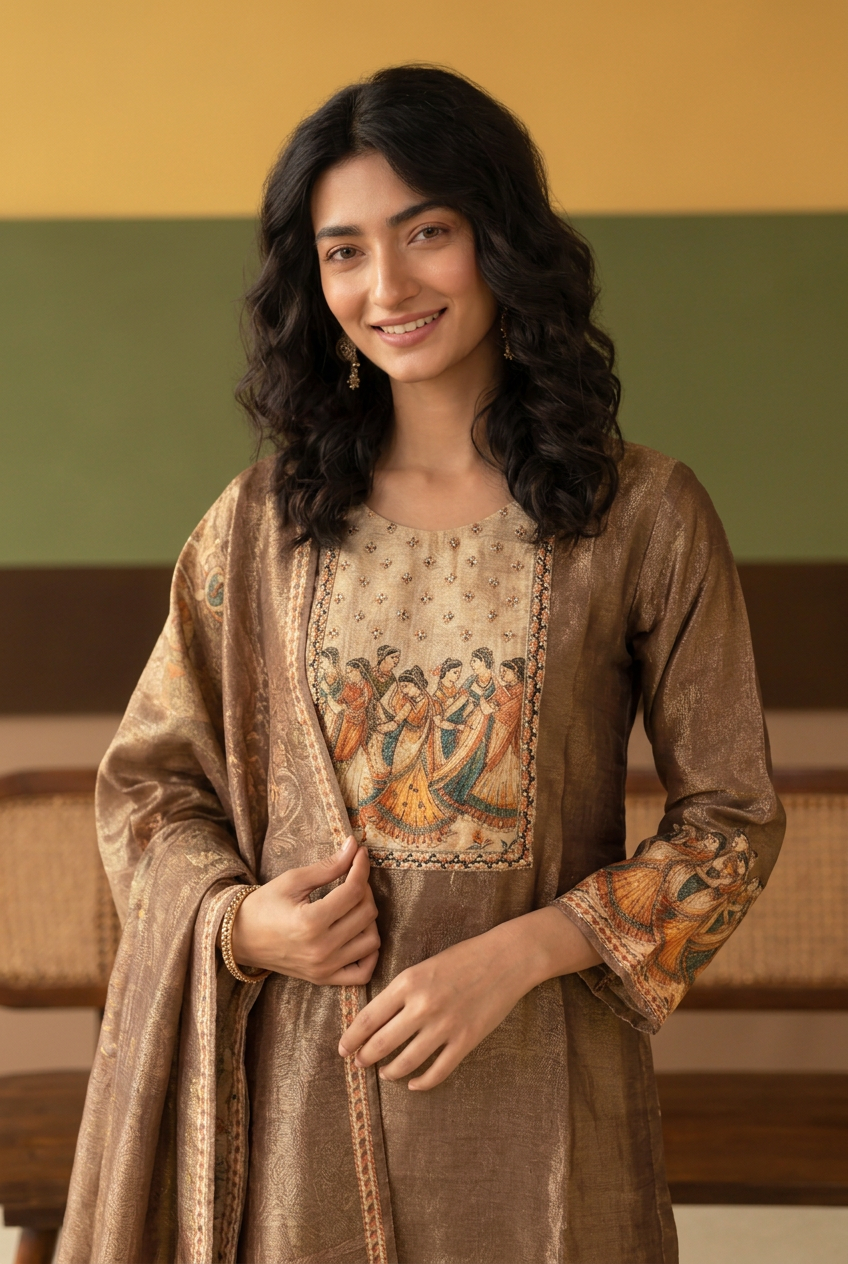 Digital Print Shimmer Tissue Kurta with  Sequins, Thread work.