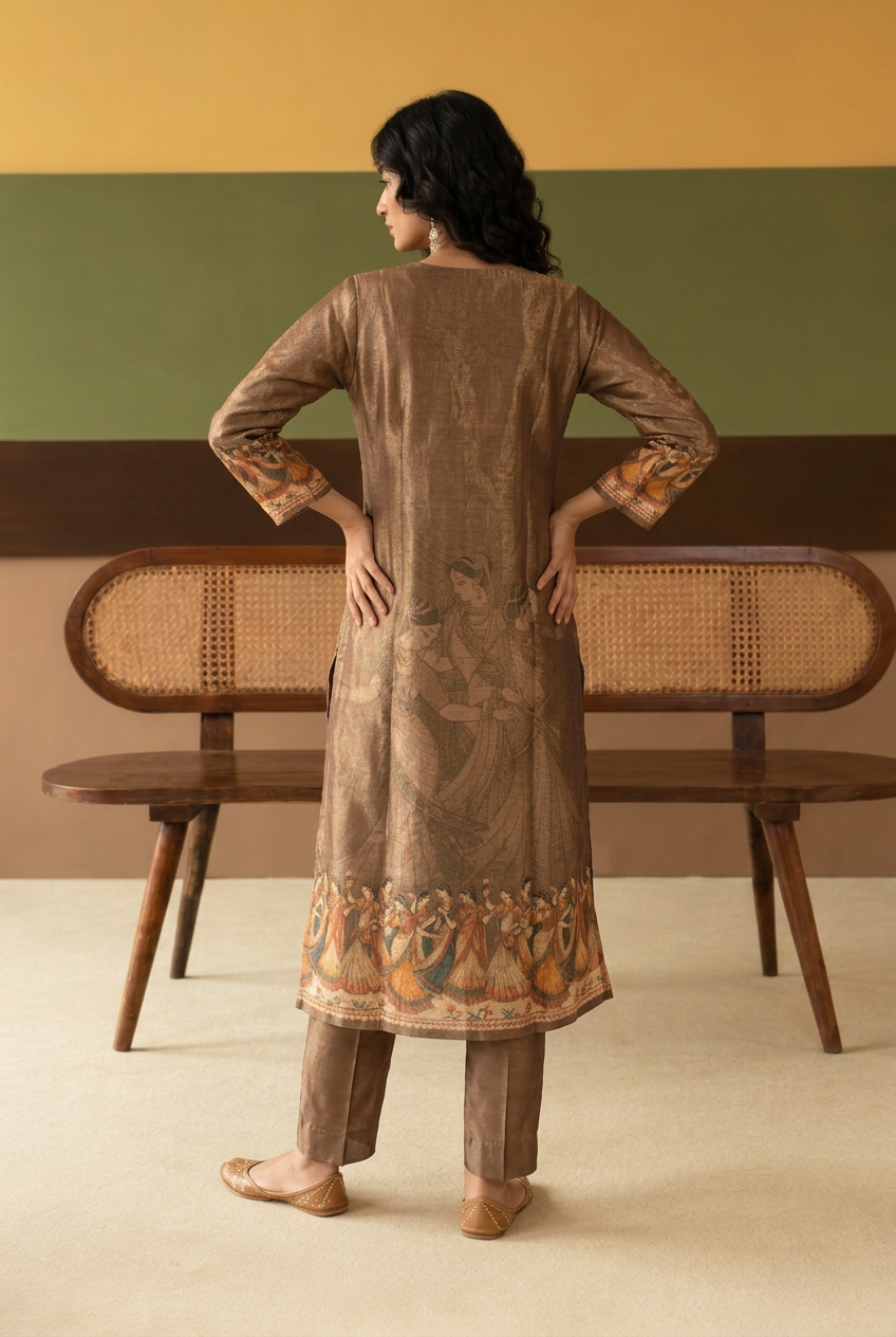 Digital Print Shimmer Tissue Kurta with  Sequins, Thread work.