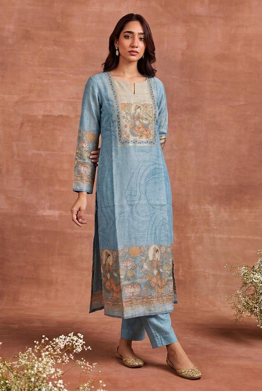 Digital Print Shimmer Tissue Kurta with Aari,  Sequins, Thread work.