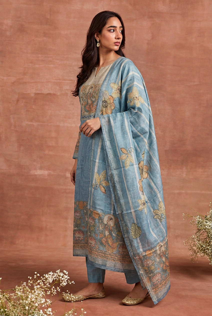 Digital Print Shimmer Tissue Kurta with Aari,  Sequins, Thread work.