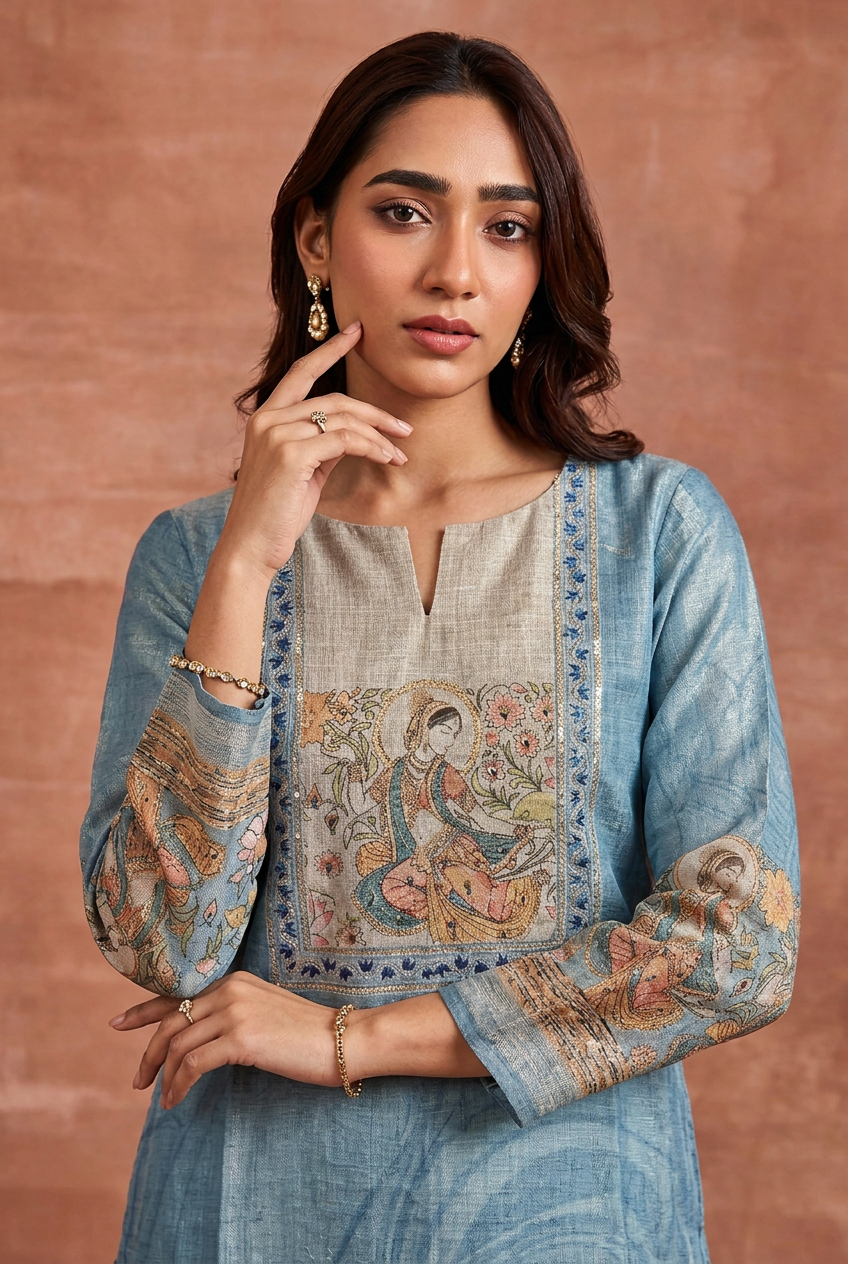 Digital Print Shimmer Tissue Kurta with Aari,  Sequins, Thread work.