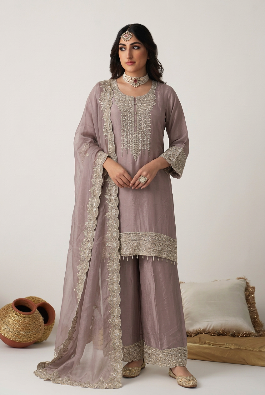 Chinon Suit with Aari, Cutdana work.