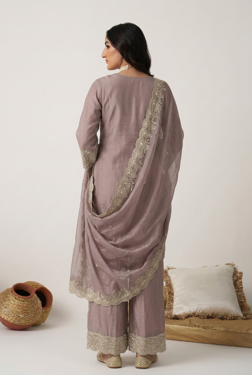 Chinon Suit with Aari, Cutdana work.
