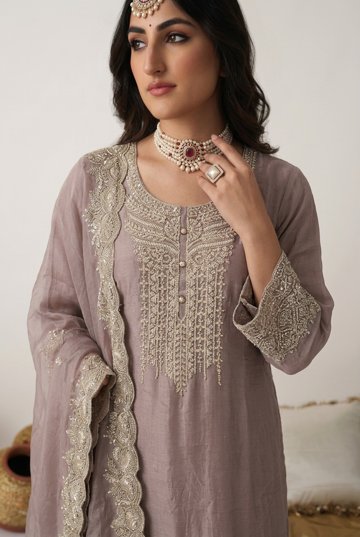 Chinon Suit with Aari, Cutdana work.