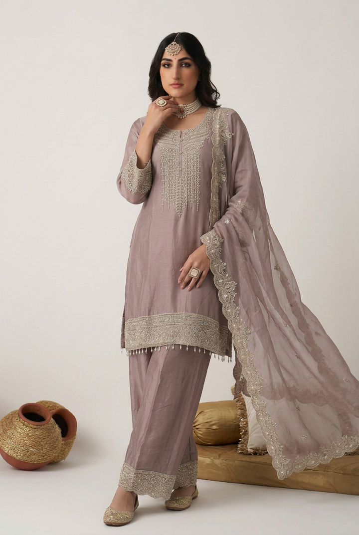 Chinon Suit with Aari, Cutdana work.