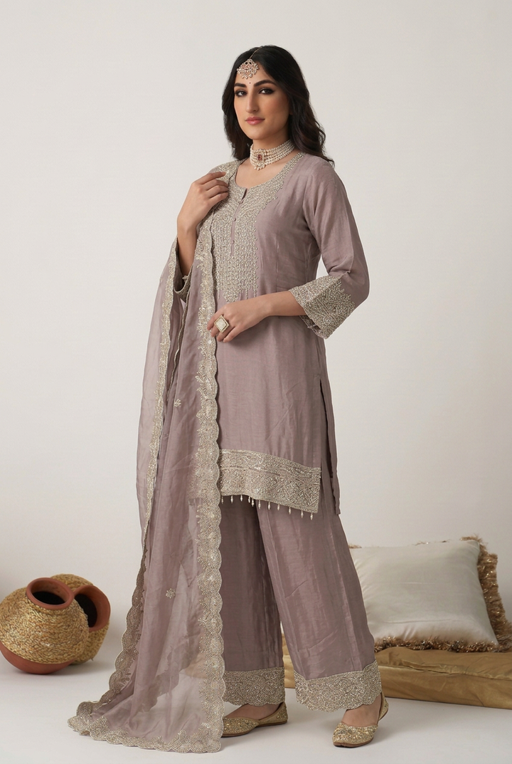 Chinon Suit with Aari, Cutdana work.