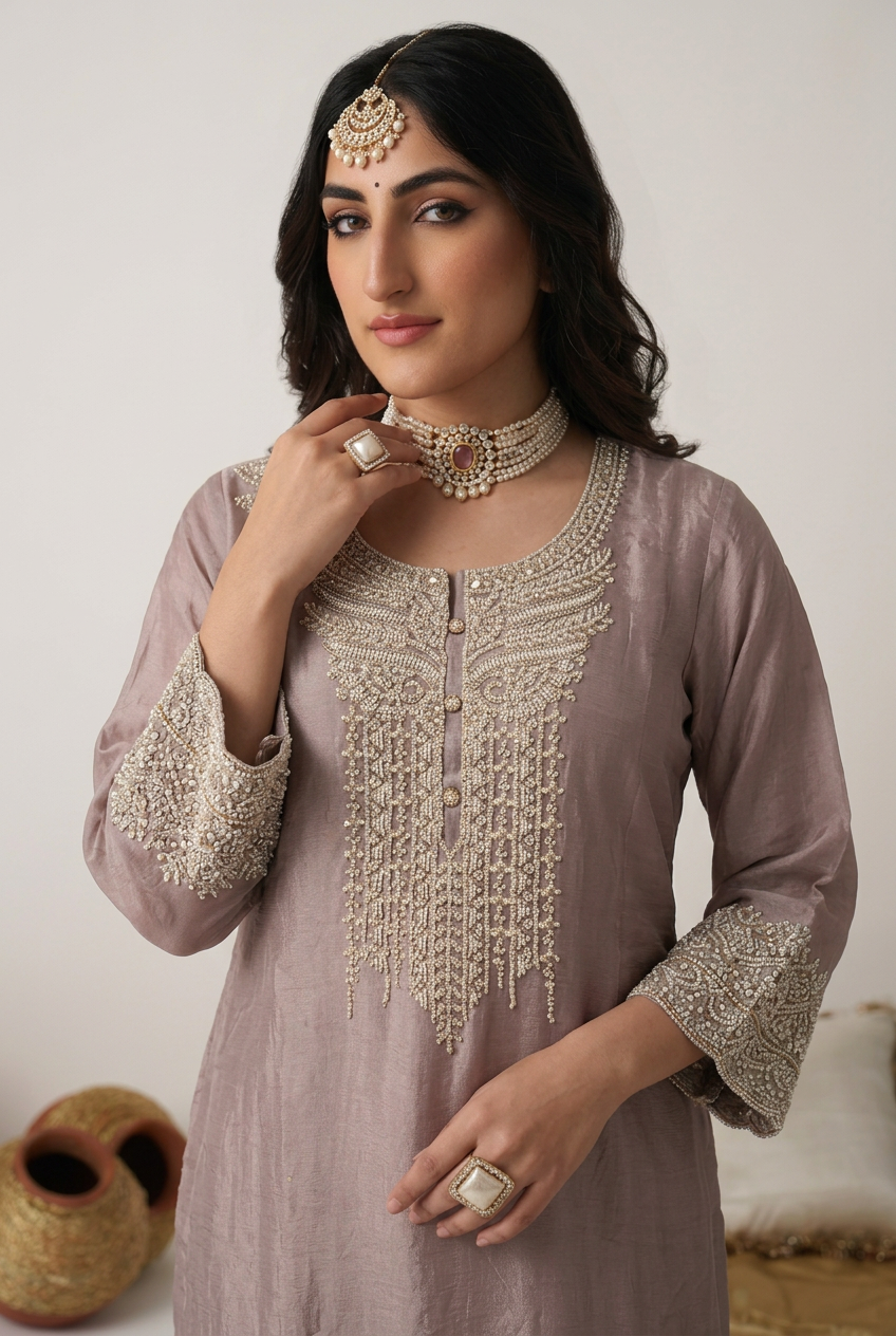 Chinon Suit with Aari, Cutdana work.