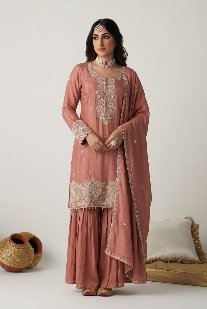 Chinon Suit with Aari, Cutdana work.
