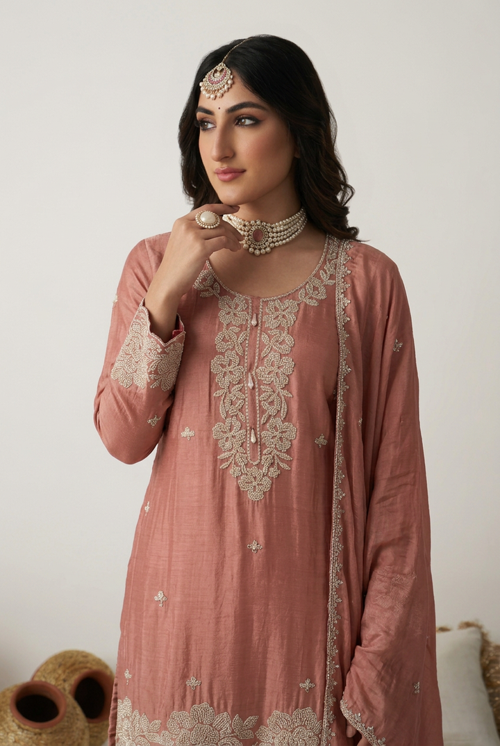 Chinon Suit with Aari, Cutdana work.