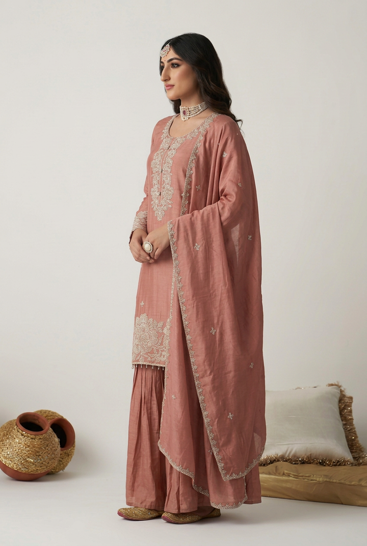 Chinon Suit with Aari, Cutdana work.
