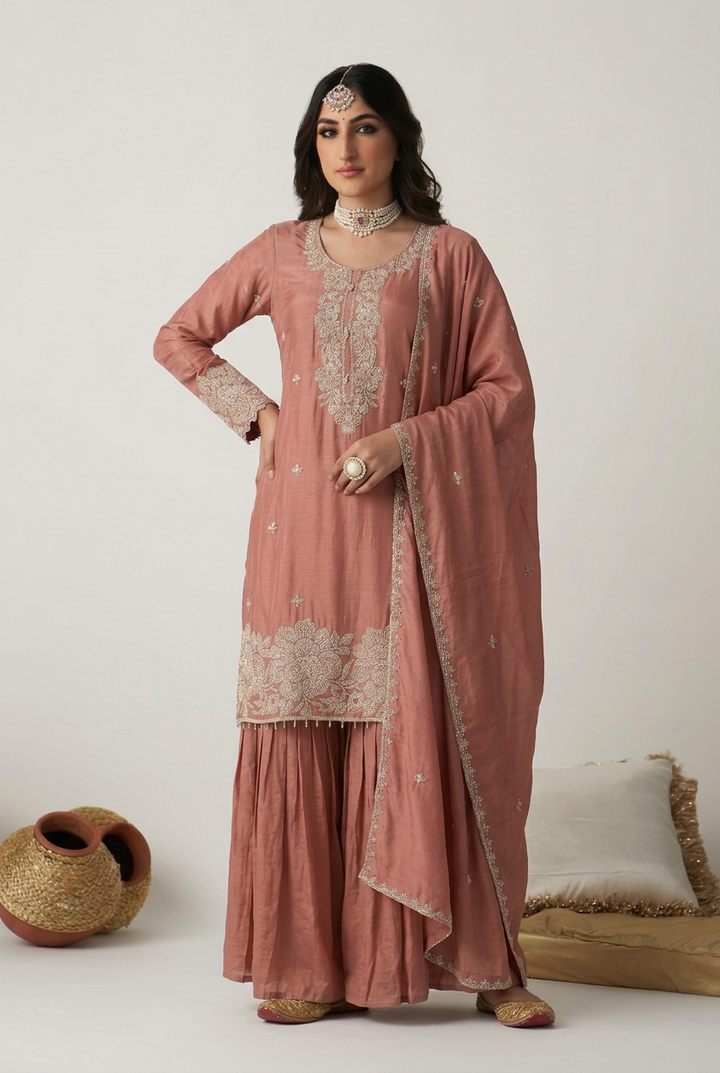 Chinon Suit with Aari, Cutdana work.