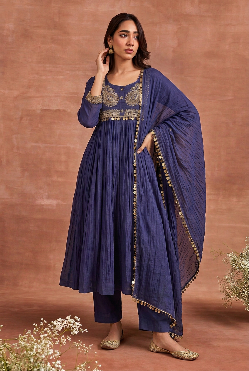 Mul cotton Suit with Aari, Sequins work.