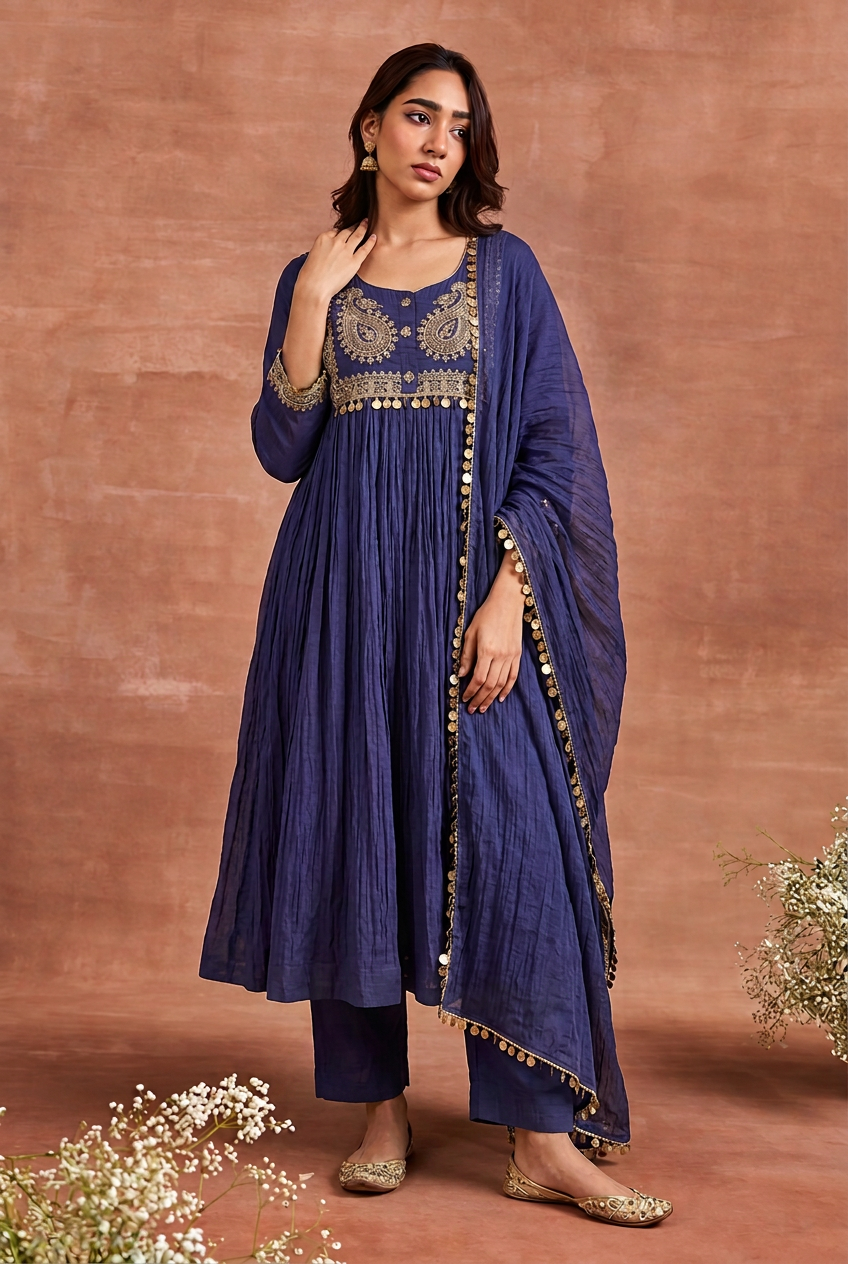 Mul cotton Suit with Aari, Sequins work.