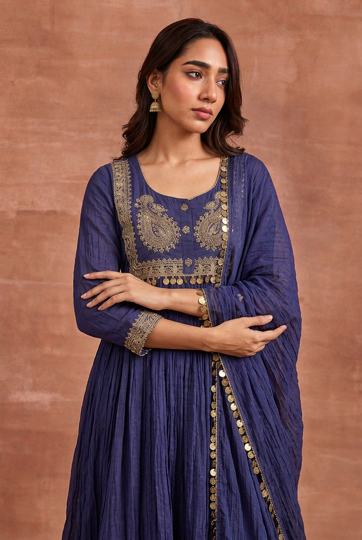 Mul cotton Suit with Aari, Sequins work.