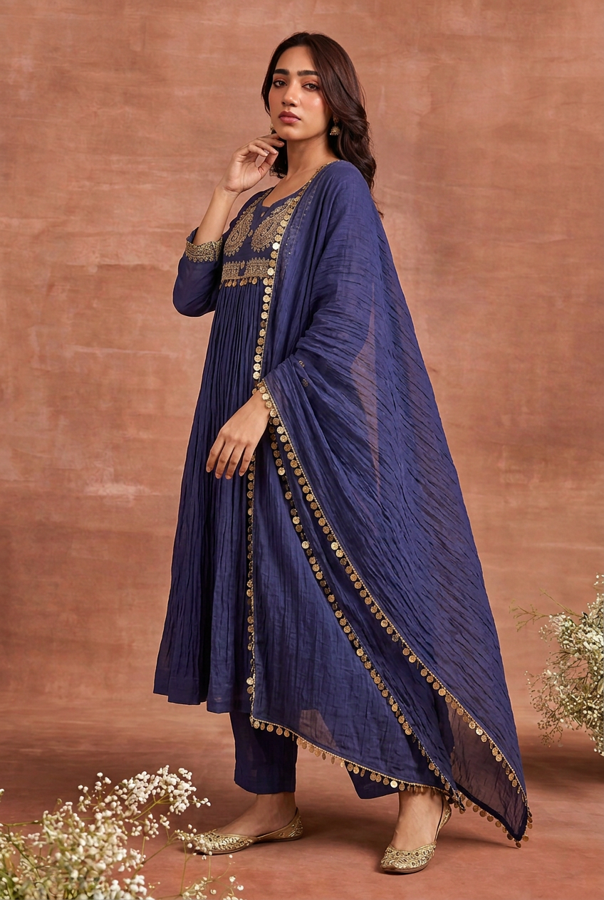 Mul cotton Suit with Aari, Sequins work.