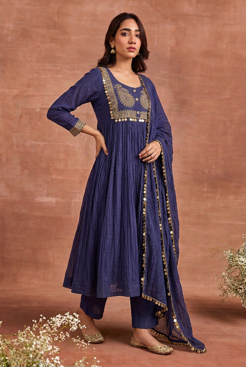 Mul cotton Suit with Aari, Sequins work.