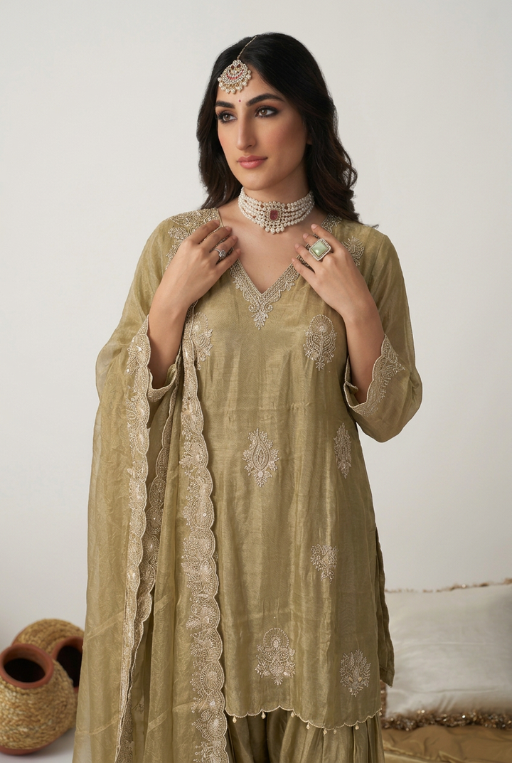 Tissue Suit with Cutdana, Sequins, Thread work.