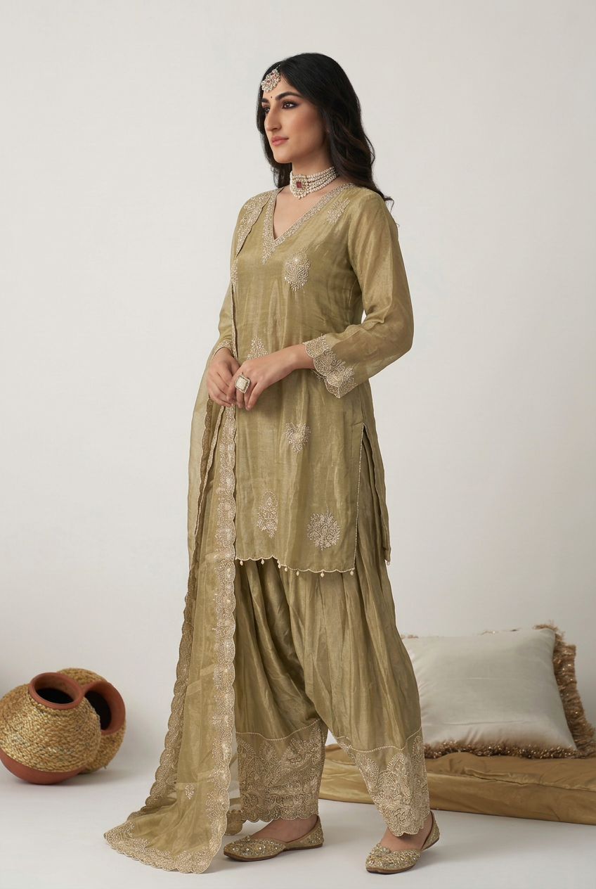 Tissue Suit with Cutdana, Sequins, Thread work.