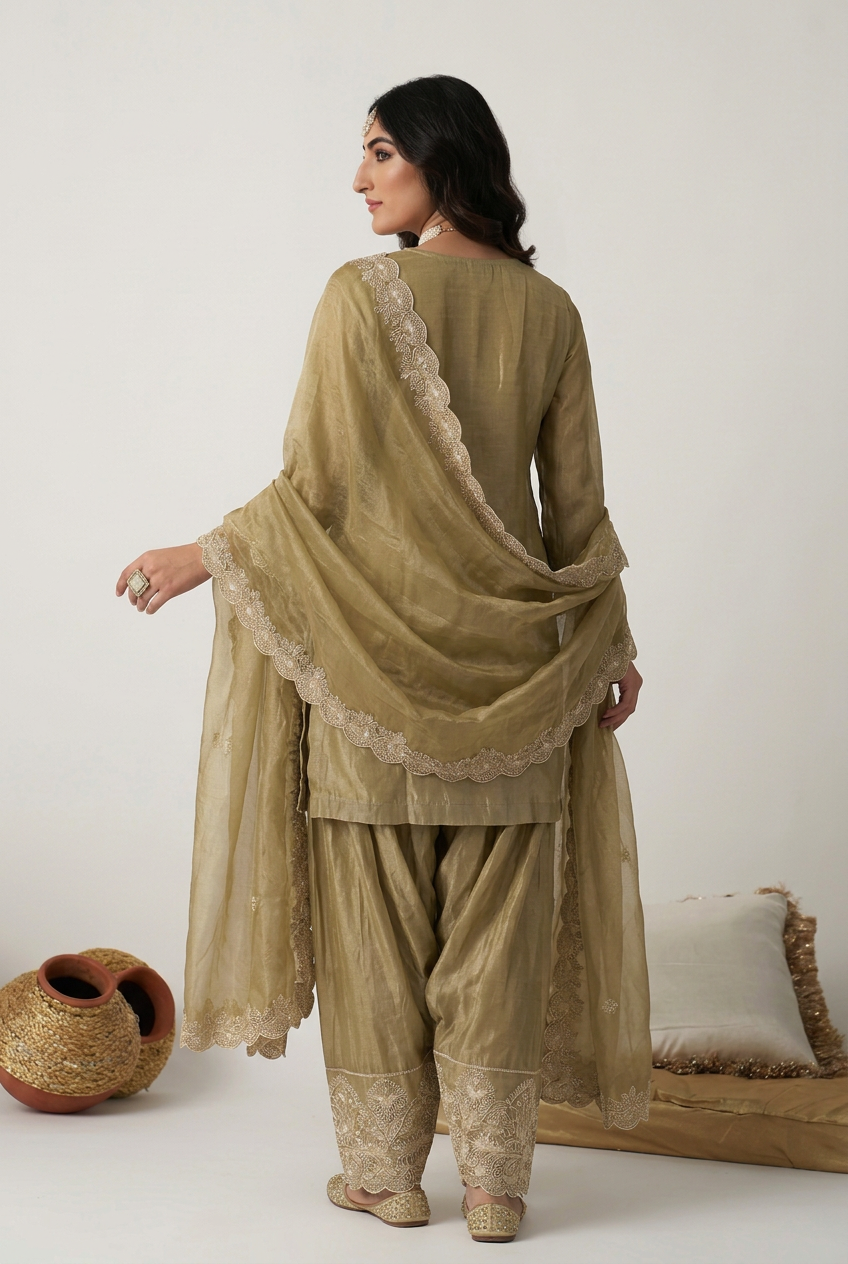 Tissue Suit with Cutdana, Sequins, Thread work.