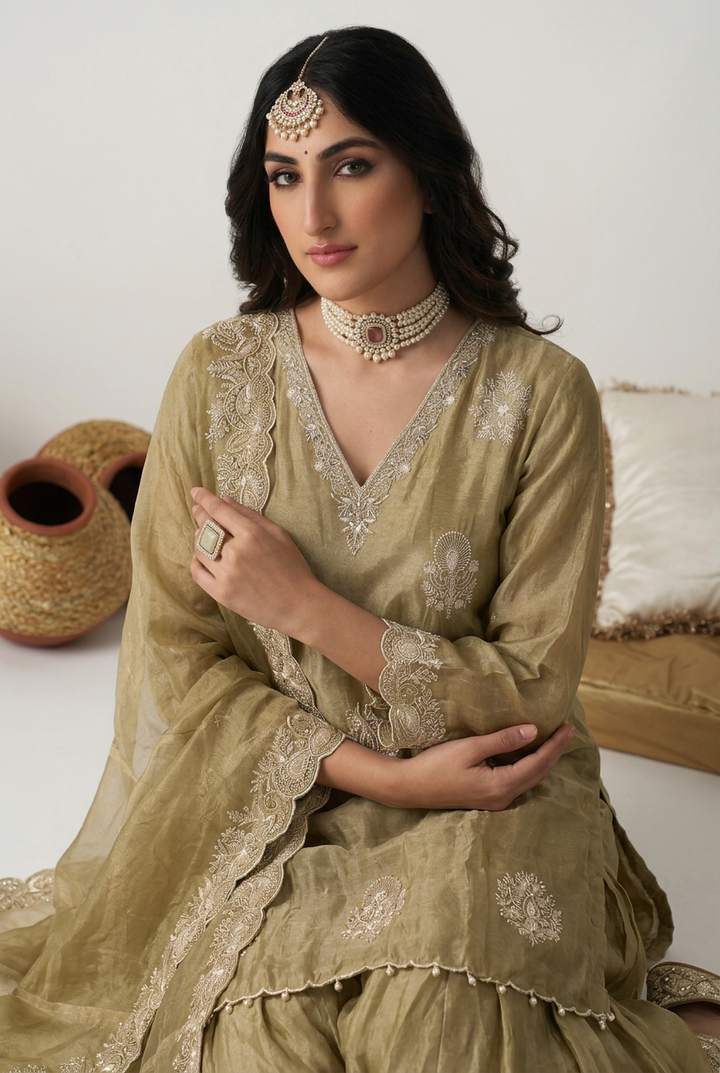 Tissue Suit with Cutdana, Sequins, Thread work.