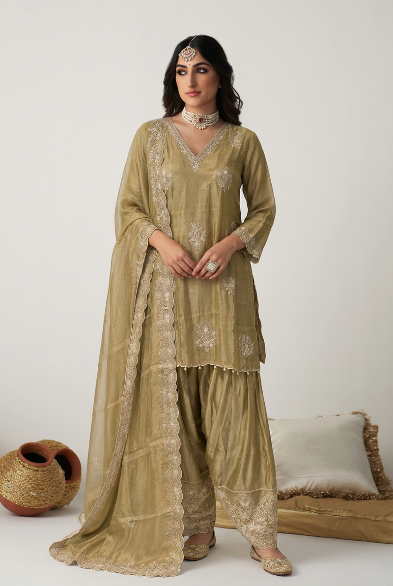 Tissue Suit with Cutdana, Sequins, Thread work.