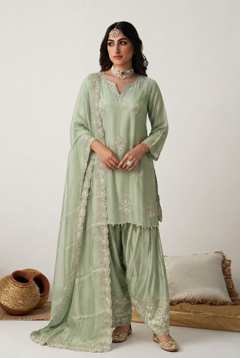 Tissue organza Suit with Cutdana, Sequins, Thread work.