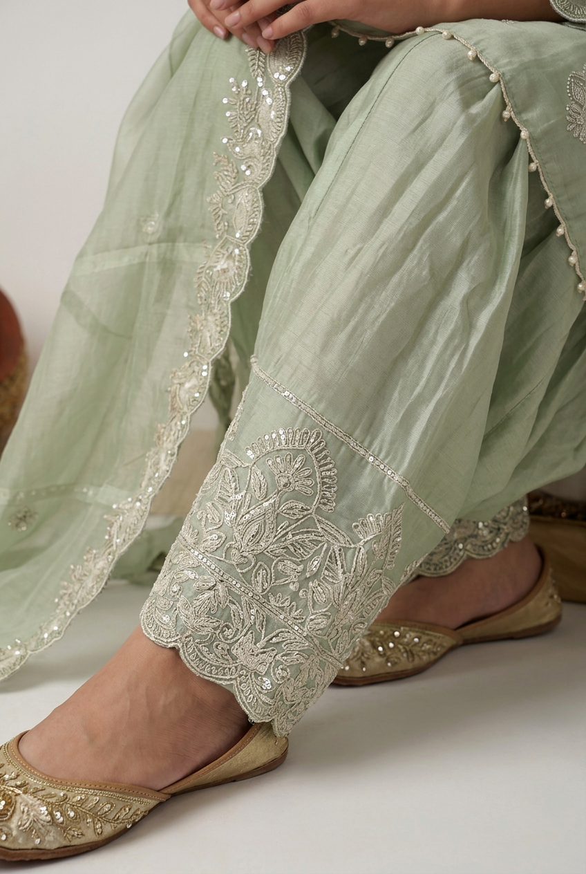 Tissue organza Suit with Cutdana, Sequins, Thread work.